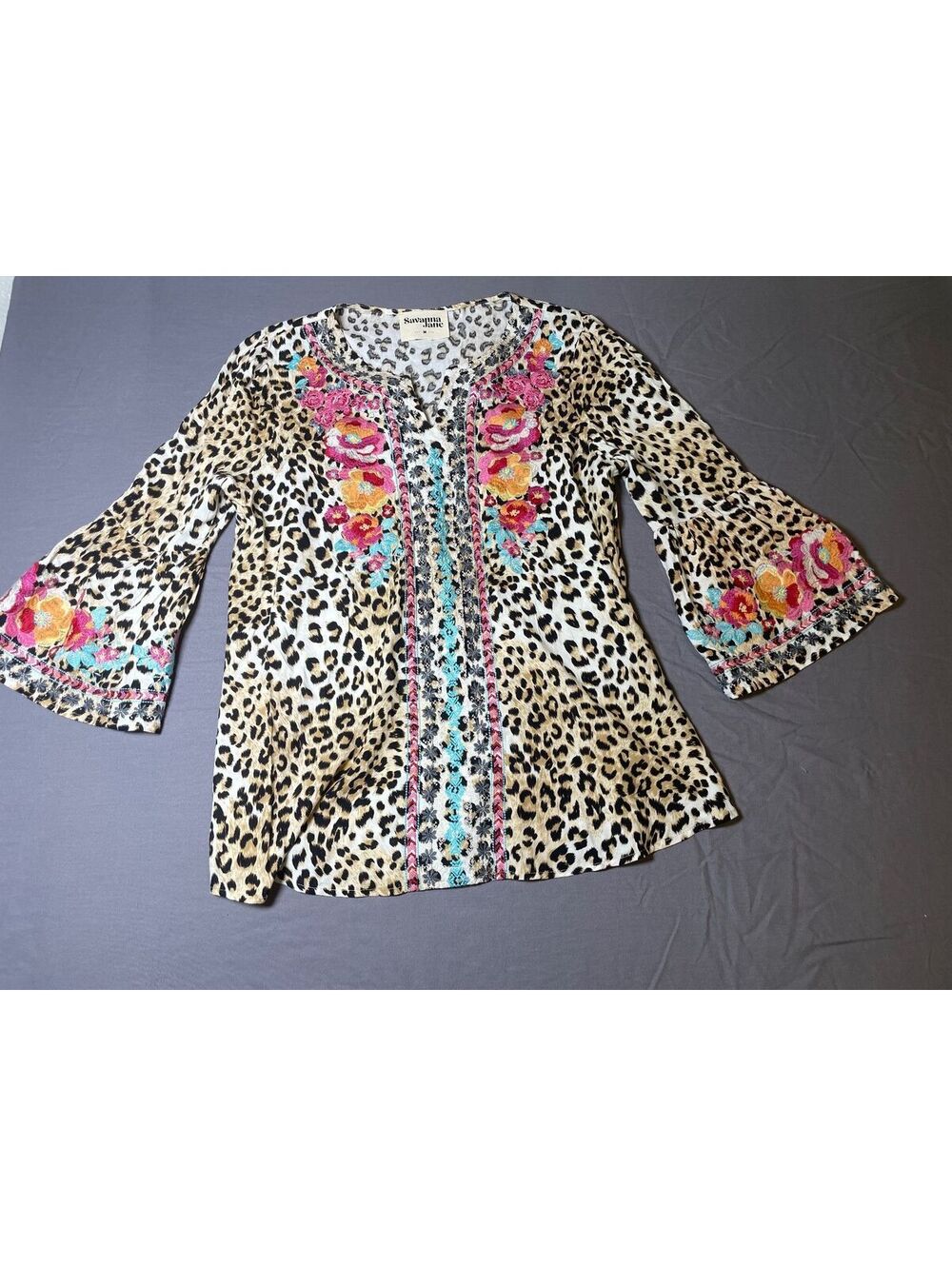 Savanna Jane Women’s Boho Leopard Floral Embroidered Bell Sleeve Med-140